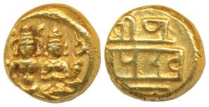 Vijayanagar, Devaraya I (1406-1422 AD), Gold Pagoda, 3.4g, Shiva-Parvati seated, Siva hold