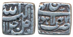 Akbar, Silver Square ½ Rupee, 5.65g, Lahore Mint, Ilahi type, Month Bahaman, Year 38 (KM 6