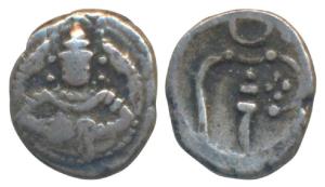 Silver Fanam (Putun), 0.45g, obv. half bust of Shiva facing front with a serpent on each s
