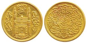 Mir Usman Ali Khan, Gold Ashrafi, 11.22g, full ‘Ain’ in doorway of Charminar, AH 1349/20 (