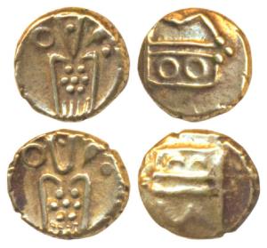 Coromandel Coast, Tuticorin Gold Fanam (2), 0.35g & 0.38g, obv. degenerate Kali with a tri