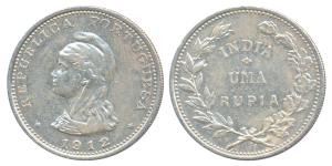 Silver Uma Rupia / Rupee, obv. liberty head to left, 1912 AD, the digit 2 in the date re-e