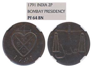 Proof Copper 2 Pice, 10.14g, 1791, obv. bale mark with date below; rev. scales, oblique mi