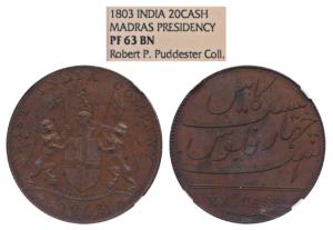 Proof Copper 20 Cash, obv. coat of arms of the EIC and date 1803, rev. value in English, h