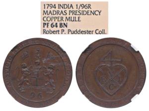 Proof Copper ½ Dub or 1/96 Rupee, 1794, obv. coat of arms of the EIC, rev. bale mark, Engl