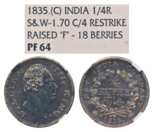 William IV, Proof Restrike Silver ¼ Rupee, 1835, Calcutta Mint, F Raised on truncation, 18