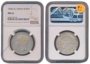 Victoria Queen, Silver Rupee, 1840, continuous legend (Prid 51). Graded by NGCMS 61, minor