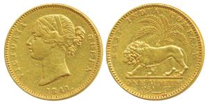 Victoria Queen, Gold Mohur, 11.62g, 1841, Divided legend, WW incused on truncation, cross 