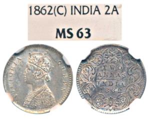 Victoria Queen, Silver 2 Annas, 1862, Calcutta Mint, No Mint mark (SW 4.144a). Graded by N