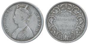 Victoria Queen, Silver ½ Rupee, 1862, Bombay Mint, B1 / II, Round pearls in the crown, (Pr
