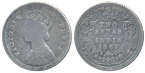 Victoria Empress, Silver 2 Annas, 1883, Bombay Mint, B / II / dot (Prid 530). About Fine, 