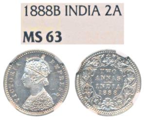 Victoria Empress, Silver 2 Annas, 1888, Bombay Mint, B / II / B incuse, (Prid 541). Graded