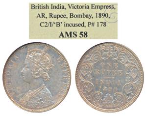 Victoria Empress, Silver Rupee, 1890, Bombay Mint, C2 / I / B incuse, (Prid 178). Graded b
