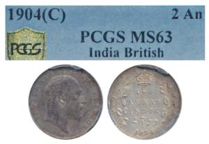 Edward VII, Silver 2 Annas, 1904, Calcutta Mint (Prid 557). Graded by PCGS MS63.