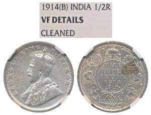 George V, Silver ½ Rupee, 1914, Bombay Mint (Prid 338). Graded by NGC VF Details Cleaned.