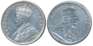 George V, Silver Rupee, Error, Brockage, nice deep and complete lakhi impression on rev. S