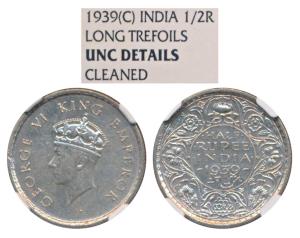George VI, Half Silver ½ Rupee, 1939, Calcutta Mint, long trefoils (Prid 352). Graded by N