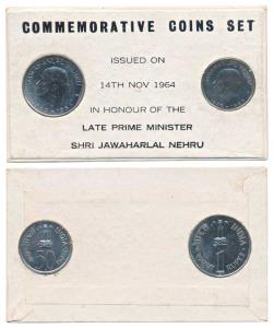 1964 Uncirculated set, Birth Anniversary of Jawaharlal Nehru, set of 2, 50 Paise and 1 Rup