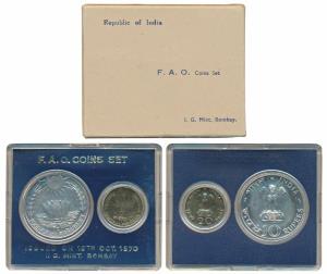 1970 Uncirculated Set, Food For All, set of 2, 20 Paise and Rupees 10. In immaculate condi