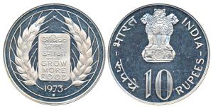 Proof Silver Rupees 10, 1973, Grow More Food, Bombay Mint (KM 188). Proof, Mint State.