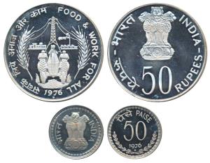Proof, Silver Rupees 50 & Copper-Nickel, 50 Paise, 1976, Food & Work For All. Proof, Super