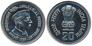 Cupro-Nickel Rupees 20, 1989, Jawaharlal Nehru Birth Centenary. Brilliant Uncirculated, wi