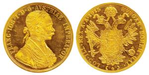 Austria, Franz Joseph I, Gold 4 Ducat, 13.96g, 1915, crowned imperial double eagle on rev.