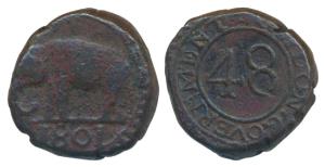 Ceylon, Copper 1/48 Rixdollar, 1801, rev. an elephant standing facing left, date below (KM