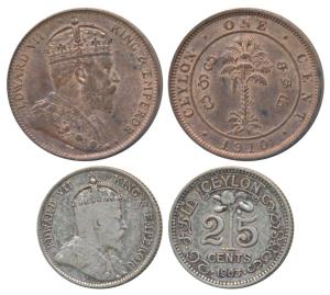 Ceylon, Edward, Silver 25 Cents, 1903 (KM 98); Copper Cent, 1910 (KM 101). About Very Fine