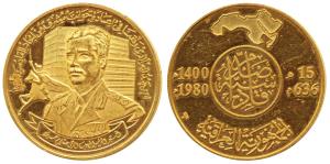 Iraq, Gold 100 Dinars, 38g, 1980, obv. bust of Saddam Hussein, battle of al-Qadisiyyah, re