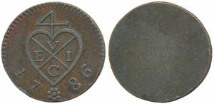 Netherland East Indies, Sumatra, Copper 2 Kepings, 1786, obv. EIC bale mark with date belo