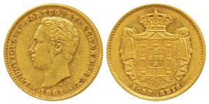 Portugal, Luis I, Gold 5,000 Reis, 8.83g, 1867, obv. head facing left, rev. crowned arms w
