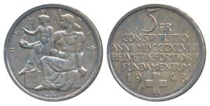 Switzerland, Silver 5 Francs, 15g, 1948, (KM 48). Extremely Fine.