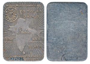 M/s Manilal Chimanlal & Co, Tola Bar, Silver 10 Tolas, 116.4g, obv. map of undivided India