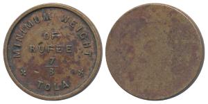 Minimum weight of Rupee, Copper 7/8 Tola, 10.10g, Calcutta Mint issue Uniface. Very Fine+.