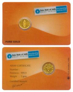 State Bank of India, Gold Token, 2g, St. Thiruvalluvar. Within tamper proof card packing.