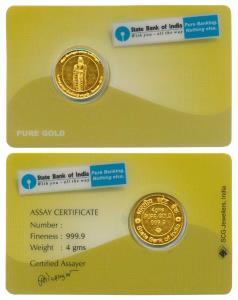 State Bank of India, Gold Token, 4g, St. Thiruvalluvar. Within tamper proof card packing.