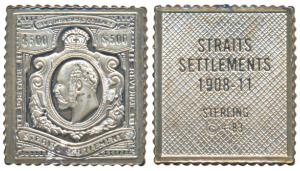 Straits Settlements, 500 Dollars stamp of Edward VII, Silver Ingot, 1.3 g. Extremely Fine.