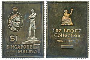Singapore Malaya, Elizabeth II, Silver Stamp ingot, 1 Dollar, 24.5g, statue of Sir Raphael