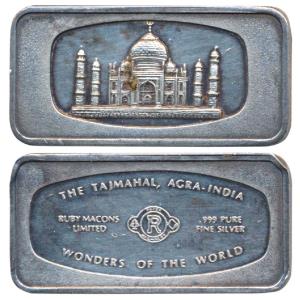 Taj Mahal, Silver Bar, 25 gm, obv. Taj Mahal. Extremely Fine.