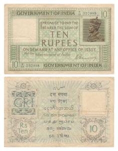 George V, Rupees 10, 1st issue, 1925, signed H. Denning, serial number in top right corner
