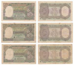 George VI, Rupees 5, 1st issue, 1938, signed J. B. Taylor (2); 1944, signed C. D. Deshmukh