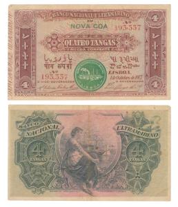 Indo-Portuguese, Quatro / 4 Tangas, 2nd issue, 1917, Banco Nacional Ultramarino, green sea