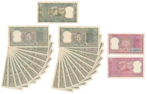Assorted lot, Rupees 2 (1), Rupees 5 (22), all signed L. K. Jha, all featuring Mahatma Gan