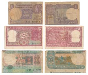 Assorted lot, Rupee 1, 2 and 5, signed R. N. Malhotra and I. G. Patel, Error, Rupee 1, sig