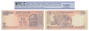 Rupees 10, signed D. Subbarao, fancy number 1000000. Graded by PCGS Genuine. Kishore Jhunj