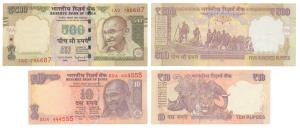 Rupees 10, signed Urjit Patel & Rupees 500, signed Raghuram Rajan, semi fancy numbers. Unc