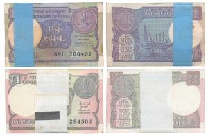 Rupees 1 Bundle, 1991, Montek Singh Ahluwalia (J&R 6.1.10.6A); Rupees 1 Bundle, 2015, sign