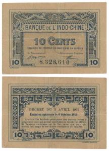 French, Banque De L’Indochine, 10 Cents, 1919. About Extremely Fine. World War I small cha