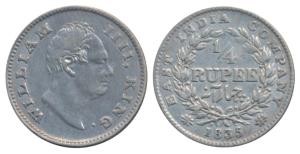 William IV, Silver ¼ Rupee, 1835, Calcutta Mint, F incuse, Wreath with 19 Berries (10L+9R)